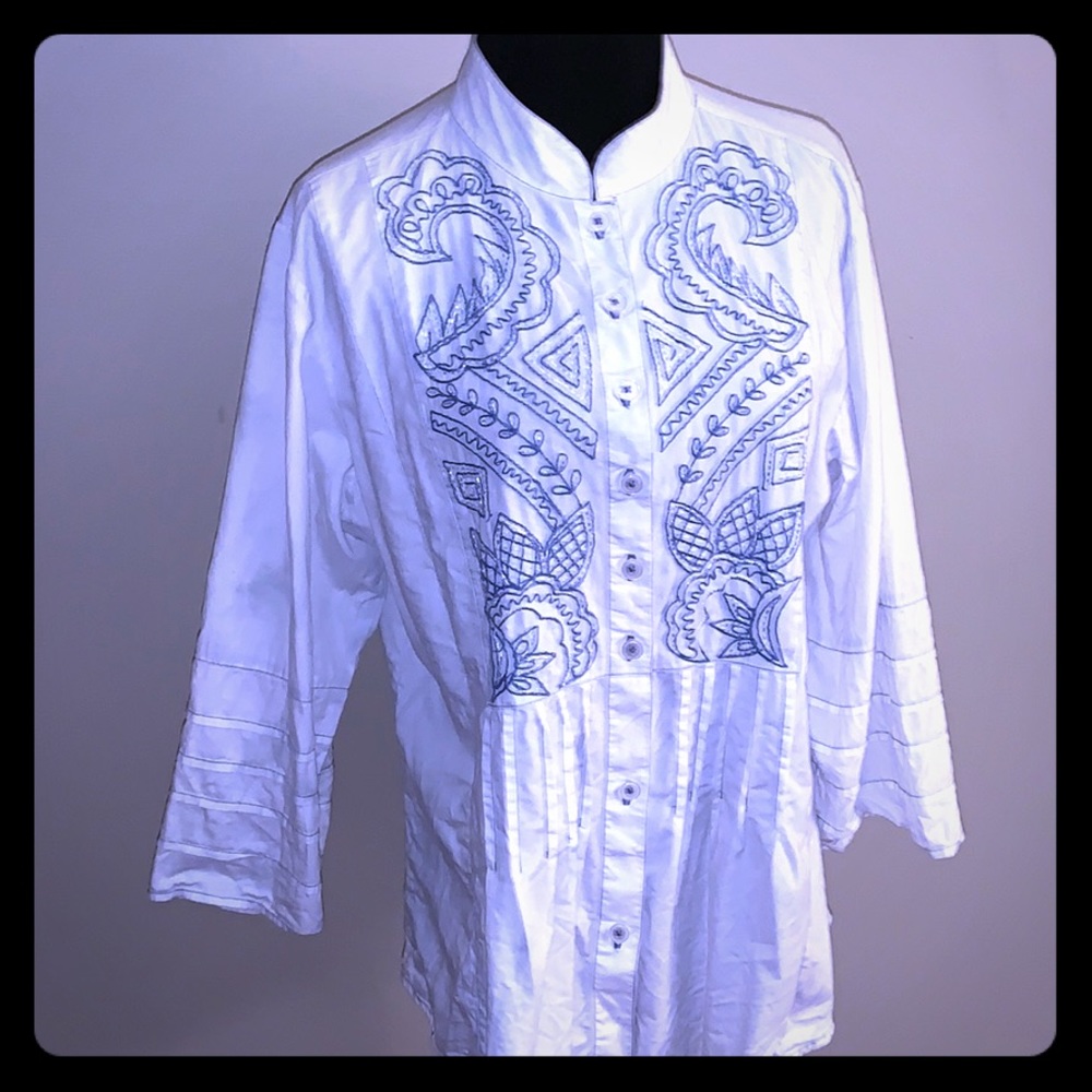 Blue Bayou White Top With Blue Embroidery Size L